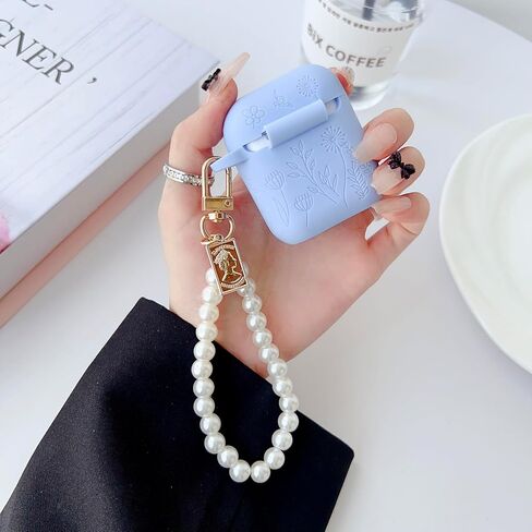 Flower Engraved Case for Airpods 2nd Generation Case Cover with Cleaner Kit, Stylish Silicone Skin Protective Case with Luxury Pearl Keychain for Airpods 1st/2nd Gen Charging Case in Saudi Arabia