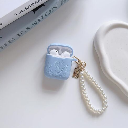 Flower Engraved Case for Airpods 2nd Generation Case Cover with Cleaner Kit, Stylish Silicone Skin Protective Case with Luxury Pearl Keychain for Airpods 1st/2nd Gen Charging Case in Saudi Arabia