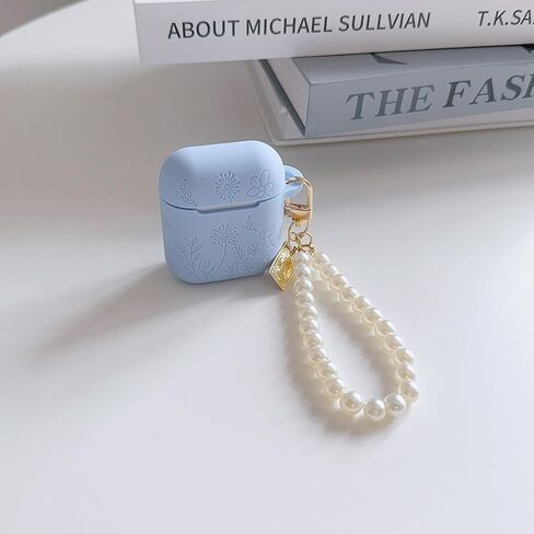 Flower Engraved Case for Airpods 2nd Generation Case Cover with Cleaner Kit, Stylish Silicone Skin Protective Case with Luxury Pearl Keychain for Airpods 1st/2nd Gen Charging Case in Saudi Arabia