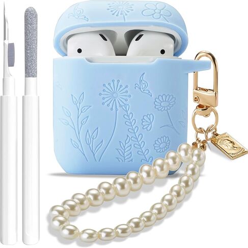 Flower Engraved Case for Airpods 2nd Generation Case Cover with Cleaner Kit, Stylish Silicone Skin Protective Case with Luxury Pearl Keychain for Airpods 1st/2nd Gen Charging Case in Saudi Arabia