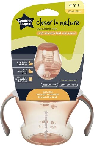 كوب تومي تيبي الانتقالي، حلمة تشبه الثدي وفوهة شرب سيليكون ناعمة، مقابض سهلة الإمساك وقابلة للإزالة، غطاء مانع للتسرب، 150 مل، من 4 إلى 7 أشهر فما فوق، وردي in Kuwait