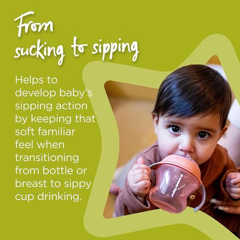 كوب تومي تيبي الانتقالي، حلمة تشبه الثدي وفوهة شرب سيليكون ناعمة، مقابض سهلة الإمساك وقابلة للإزالة، غطاء مانع للتسرب، 150 مل، من 4 إلى 7 أشهر فما فوق، وردي in Kuwait