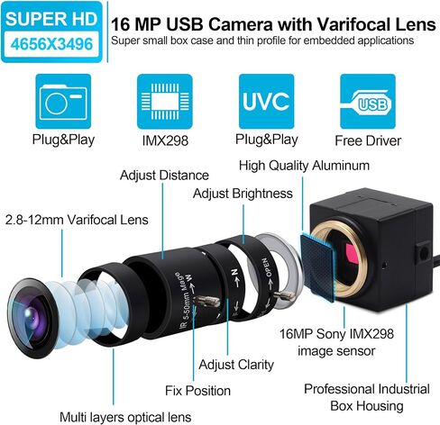 USB Camera 16Megapixel Manual Zoom 5-50mm Lens Webcam 16MP CMOS IMX298 UVC USB2.0 Embedded Webcam for 3D Printer Bar/QR Code Scan in Saudi Arabia