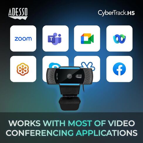 كاميرا ويب Adesso CyberTrack H5-TAA 1080P HD بتركيز تلقائي مع ميكروفون مزدوج مدمج وحامل ثلاثي القوائم وغطاء مصراع الخصوصية متوافق مع TAA in Saudi Arabia