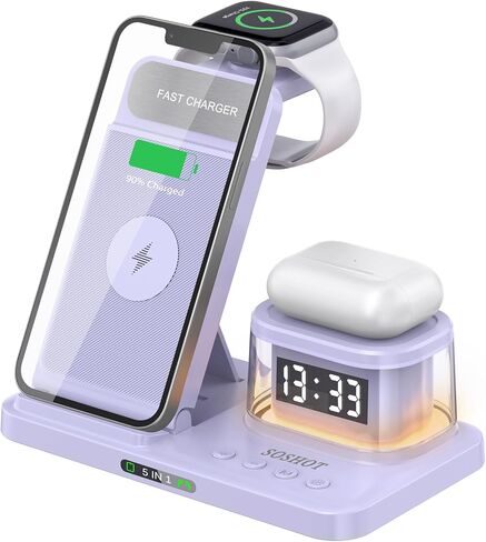 5 in 1 Foldable Wireless Fast Charger with Night Light Transparent Clock for Apple Devices for iPhone 15 14 13 12 11 Pro Max Apple Watch AirPods Series for Apple Watch for Airpods - Purple in Saudi Arabia