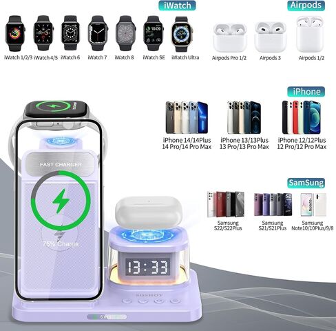 5 in 1 Foldable Wireless Fast Charger with Night Light Transparent Clock for Apple Devices for iPhone 15 14 13 12 11 Pro Max Apple Watch AirPods Series for Apple Watch for Airpods - Purple in Saudi Arabia