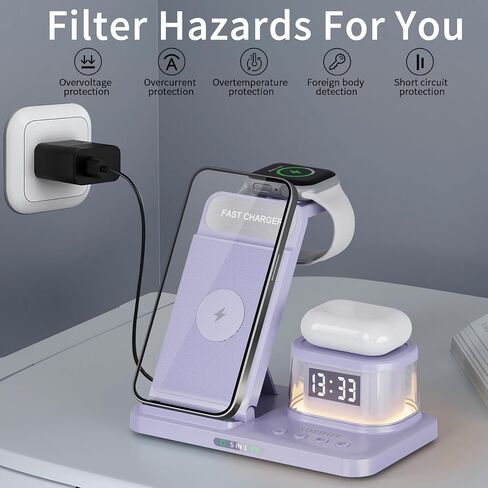 5 in 1 Foldable Wireless Fast Charger with Night Light Transparent Clock for Apple Devices for iPhone 15 14 13 12 11 Pro Max Apple Watch AirPods Series for Apple Watch for Airpods - Purple in Saudi Arabia