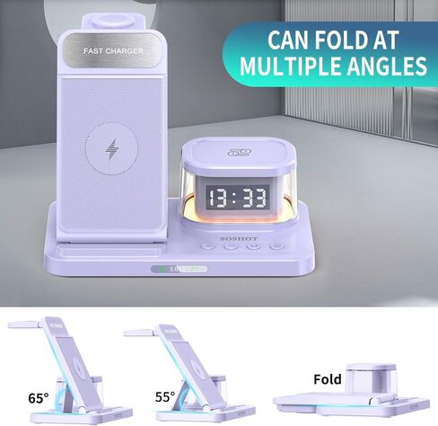 5 in 1 Foldable Wireless Fast Charger with Night Light Transparent Clock for Apple Devices for iPhone 15 14 13 12 11 Pro Max Apple Watch AirPods Series for Apple Watch for Airpods - Purple in Saudi Arabia