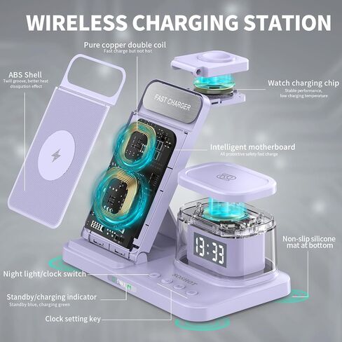 5 in 1 Foldable Wireless Fast Charger with Night Light Transparent Clock for Apple Devices for iPhone 15 14 13 12 11 Pro Max Apple Watch AirPods Series for Apple Watch for Airpods - Purple in Saudi Arabia