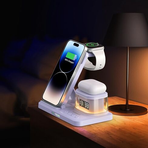 5 in 1 Foldable Wireless Fast Charger with Night Light Transparent Clock for Apple Devices for iPhone 15 14 13 12 11 Pro Max Apple Watch AirPods Series for Apple Watch for Airpods - Purple in Saudi Arabia