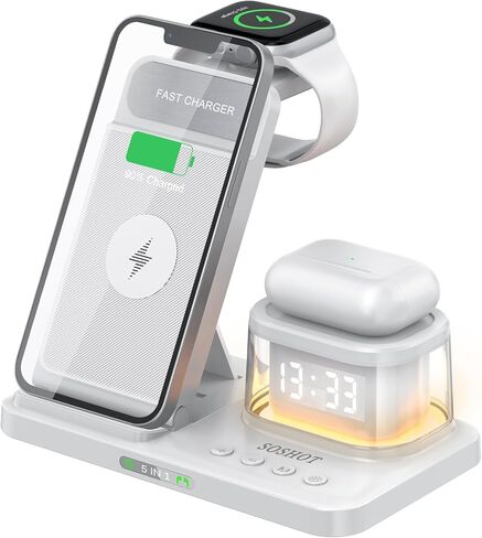 5 in 1 Foldable Wireless Fast Charger with Night Light Transparent Clock for Apple Devices for iPhone 15 14 13 12 11 Pro Max Apple Watch AirPods Series for Apple Watch for Airpods - Purple in Saudi Arabia