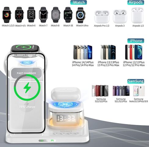 5 in 1 Foldable Wireless Fast Charger with Night Light Transparent Clock for Apple Devices for iPhone 15 14 13 12 11 Pro Max Apple Watch AirPods Series for Apple Watch for Airpods - Purple in Saudi Arabia