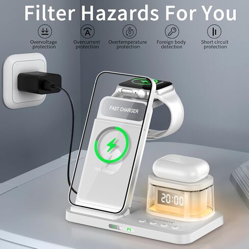 5 in 1 Foldable Wireless Fast Charger with Night Light Transparent Clock for Apple Devices for iPhone 15 14 13 12 11 Pro Max Apple Watch AirPods Series for Apple Watch for Airpods - Purple in Saudi Arabia