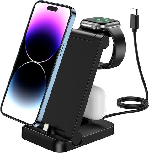 Charging Station for Multiple Devices 3 in 1 Foldable iPhone Wireless Charging Stand for iPhone 14/13/12/11Pro/Max/XR/XS Max/X, Apple Watch 8/7/6/SE/5/4/3/2, AirPods 2/Pro（Adapter is not Included） in Kuwait
