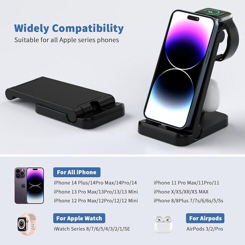 Charging Station for Multiple Devices 3 in 1 Foldable iPhone Wireless Charging Stand for iPhone 14/13/12/11Pro/Max/XR/XS Max/X, Apple Watch 8/7/6/SE/5/4/3/2, AirPods 2/Pro（Adapter is not Included） in Kuwait