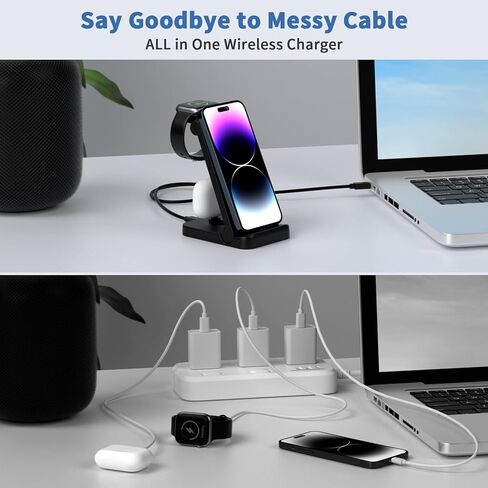 Charging Station for Multiple Devices 3 in 1 Foldable iPhone Wireless Charging Stand for iPhone 14/13/12/11Pro/Max/XR/XS Max/X, Apple Watch 8/7/6/SE/5/4/3/2, AirPods 2/Pro（Adapter is not Included） in Kuwait