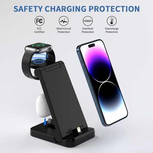 Charging Station for Multiple Devices 3 in 1 Foldable iPhone Wireless Charging Stand for iPhone 14/13/12/11Pro/Max/XR/XS Max/X, Apple Watch 8/7/6/SE/5/4/3/2, AirPods 2/Pro（Adapter is not Included） in Kuwait