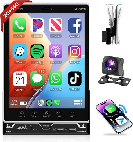 2G+64G Wireless Apple Carplay Android Car Stereo 9.5'' HD Vertical Touch Screen with Android Auto GPS Navi, podofo Double Din Car Radio with WiFi Bluetooth USB FM/RDS Radio Mirror Link + Backup Camera in Saudi Arabia