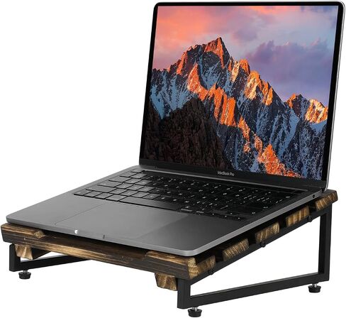 MyGift Portable Laptop Stand with Rustic Burnt Solid Wood and Matte Black Metal Angled Frame Legs, Desk Cooling Stand Laptop Riser in Saudi Arabia