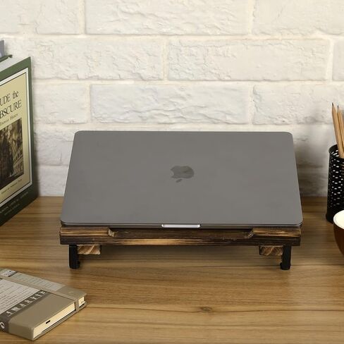 MyGift Portable Laptop Stand with Rustic Burnt Solid Wood and Matte Black Metal Angled Frame Legs, Desk Cooling Stand Laptop Riser in Saudi Arabia