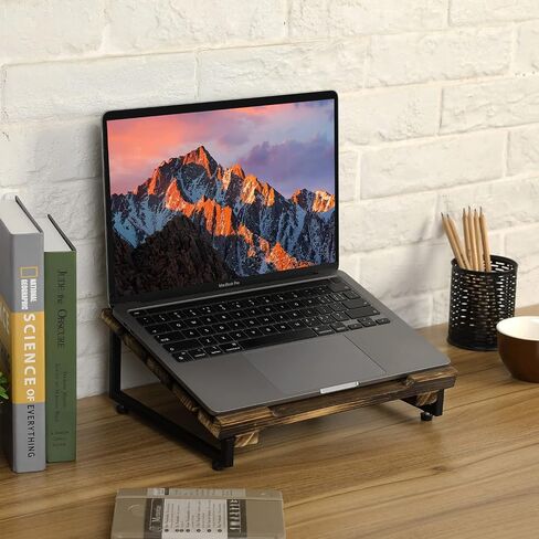 MyGift Portable Laptop Stand with Rustic Burnt Solid Wood and Matte Black Metal Angled Frame Legs, Desk Cooling Stand Laptop Riser in Saudi Arabia