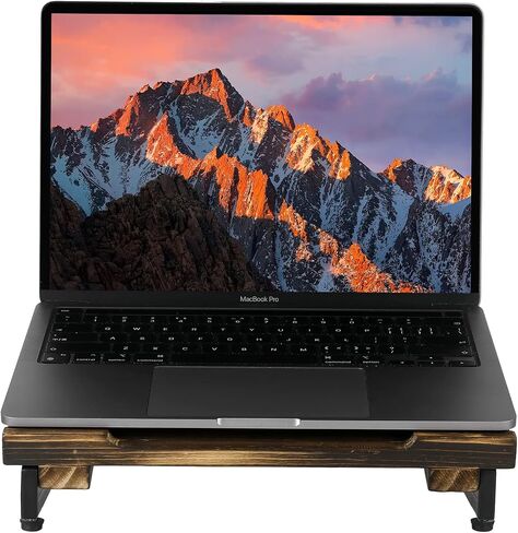 MyGift Portable Laptop Stand with Rustic Burnt Solid Wood and Matte Black Metal Angled Frame Legs, Desk Cooling Stand Laptop Riser in Saudi Arabia