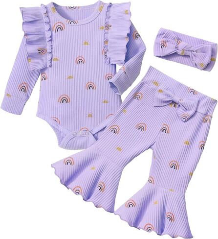 ملابس للفتيات حديثي الولادة بألوان قوس قزح وكشكشة وأكمام طويلة رومبير وسروال على شكل جرس وعصابة رأس ملابس الخريف والشتاء 3 قطع in Kuwait