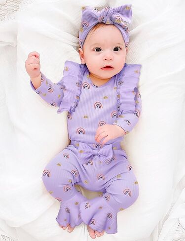 ملابس للفتيات حديثي الولادة بألوان قوس قزح وكشكشة وأكمام طويلة رومبير وسروال على شكل جرس وعصابة رأس ملابس الخريف والشتاء 3 قطع in Kuwait