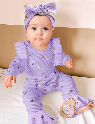 ملابس للفتيات حديثي الولادة بألوان قوس قزح وكشكشة وأكمام طويلة رومبير وسروال على شكل جرس وعصابة رأس ملابس الخريف والشتاء 3 قطع in Kuwait