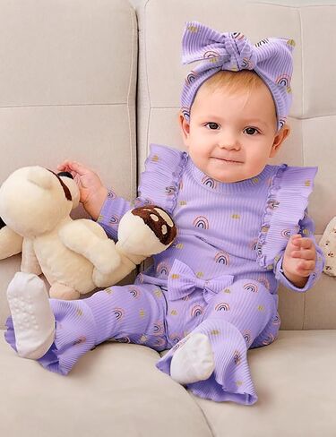ملابس للفتيات حديثي الولادة بألوان قوس قزح وكشكشة وأكمام طويلة رومبير وسروال على شكل جرس وعصابة رأس ملابس الخريف والشتاء 3 قطع in Kuwait