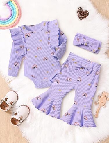 ملابس للفتيات حديثي الولادة بألوان قوس قزح وكشكشة وأكمام طويلة رومبير وسروال على شكل جرس وعصابة رأس ملابس الخريف والشتاء 3 قطع in Kuwait