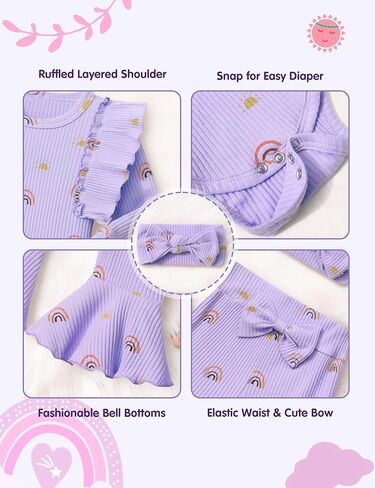 ملابس للفتيات حديثي الولادة بألوان قوس قزح وكشكشة وأكمام طويلة رومبير وسروال على شكل جرس وعصابة رأس ملابس الخريف والشتاء 3 قطع in Kuwait