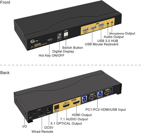 CKLau 2x1 8K@60Hz 4K@144Hz KVM HDMI Switch with Audio and Cables Support Hotkey Switching, Emulation EDID, 5.1 Channel Digital Fiber Optical Audio, 7.1 Surround Sound Audio Output in Saudi Arabia