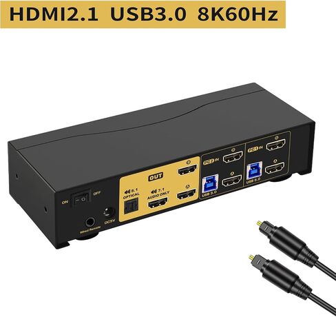 CKLau 2x1 8K@60Hz 4K@144Hz KVM HDMI Switch with Audio and Cables Support Hotkey Switching, Emulation EDID, 5.1 Channel Digital Fiber Optical Audio, 7.1 Surround Sound Audio Output in Saudi Arabia