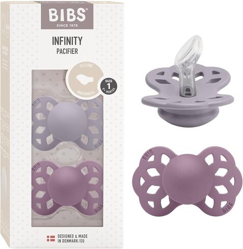 لهايات BIBS - مجموعة إنفينيتي مع حلمة تشريحية| لهاية أطفال خالية من مادة BPA | صنع في الدنمارك | مجموعة من 2 لهايات فاخرة بلون رمادي فوسيل/بنفسجي | الحجم 0-6 أشهر in Saudi Arabia