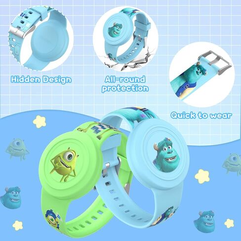سوار مكون من قطعتين لحامل AirTag للأطفال، سوار AirTag مقاوم للماء للأطفال بتصميم كرتوني لطيف، تغطية كاملة لسوار معصم Airtag من السيليكون المضاد للفقدان للأطفال، مادة صحية (أخضر + أزرق) in Saudi Arabia