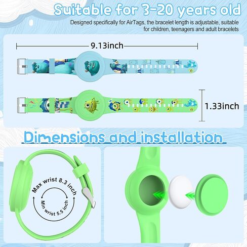 2 Pack Bracelet for AirTag Holder for Kids, Waterproof AirTag Bracelet for Kids with Cute Cartoon Design, Full Coverage Anti-Lost Silicone Airtag Wristband for Children, Healthy Material (Green+Blue) in Saudi Arabia