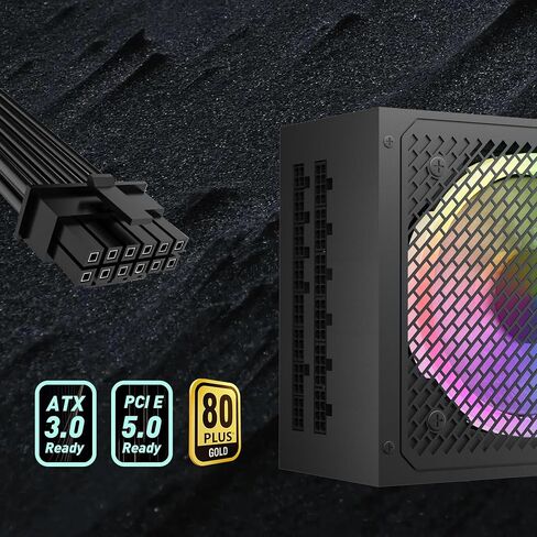 80+ Gold 750 Watt ATX Fully Modular Power Supply with 80 Plus Gold Certification, Compact 120mm Size, Low Noise RGB Fan 0 RPM, ARGB Fan Full Mold Cable, Black in Saudi Arabia