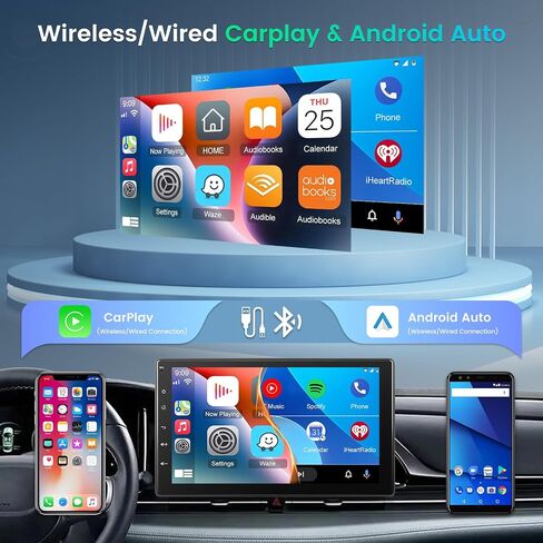 ستيريو سيارة بشاشة لمس واحدة Din مع Carplay لاسلكي وAndroid Auto - راديو سيارة عالي الدقة 9 بوصة قابل للإزالة مع صوت EQ، وصلة مرآة، FM، SWC + 12 كاميرا رؤية خلفية LED in Saudi Arabia