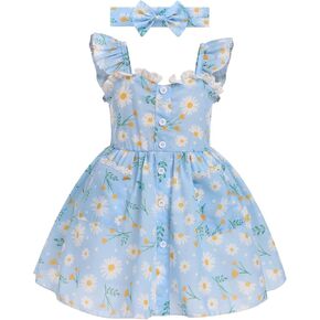 ODASDO Baby Girls Toddler Kids Summer Printed A-line Princess Dress with Bowknot Headband 2pcs Set