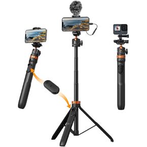 K&F Concept 62'' Phone Selfie Stick Tripod, 2-in-1 Lightweight Cellphone Holder and Camera Stand with Remote, Compatible with GoPro/iPhone/Android/Camera MS08