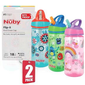 Nuby 2 Pack Iridescent PP Flip-it Kids On-The-Go Printed Water Bottle with Bite Proof Hard Straw - 18oz / 540 ml, 18+ Months, 2 pk, Mermaid & Rainbow Print