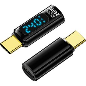 2 Pack USB C Adapter with Digital Display, PD 240W USB-C Male to Female Connector for iPhone 15 Series, iPad, MacBook, Support Voltage, Current and Power Smart LED Display (Transparent)