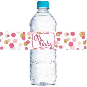 Polka Dot Pink and Gold Girl Baby Shower Waterproof Water Bottle Sticker Wrappers 20 Wrap Around Labels Sized 1.75" x 8.5" by AmandaCreation