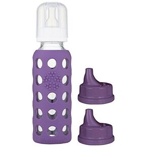 Lifefactory Glass Baby Bottle 9oz and 2 Transitioning Sippy Caps (Grape)