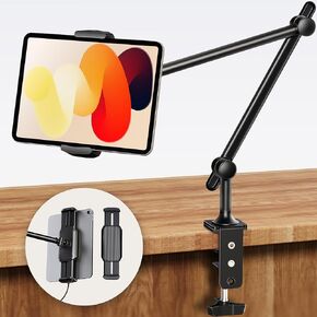 Aluminum Tablet Stand Holder, iPad Clamp Mount with 360° Adjustable Long Arm, iPad Stand for Desk & Bed, Tablet Holder for 4"-13" iPhone, iPad, Kindle, Switch - Delicate Black