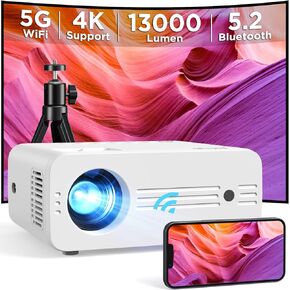 Projector with WiFi and Bluetooth, 5GHz 13000 Lux Projector Native Full HD 1080P, AKIYO Upgraded iPhone Projector with Projector Stand, Compatible with iOS/Android/Laptop/TV Stick/HDMI/PS5