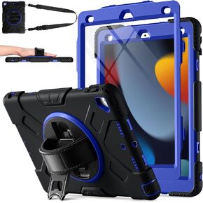 Mastten Compatible with iPad 9th Generation Case 10.2 Inch with Screen Protector, Shockproof iPad Case 9th/8th/7th Generation 2021/2020/2019 with Pencil Holder, 360° Rotating Hand Strap & Stand, Navy