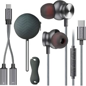 USB C Splitter and Earbud Set, Dual Type C Charger and Headphone Splitter, USB-C Audio Adapter with PD 60W Fast Charging, with Type C Earphone in a Silicone Pouch Organizer