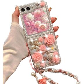 for Samsung Galaxy Z Flip 6 Case,Cute Bling Glitter Sparkle Stunning Stones Diamond Rhinestone 3D Handmade Pearl Rose Flower with Wrist Lanyard for Women Girly for Galaxy Z Flip 6 5G (Pink)
